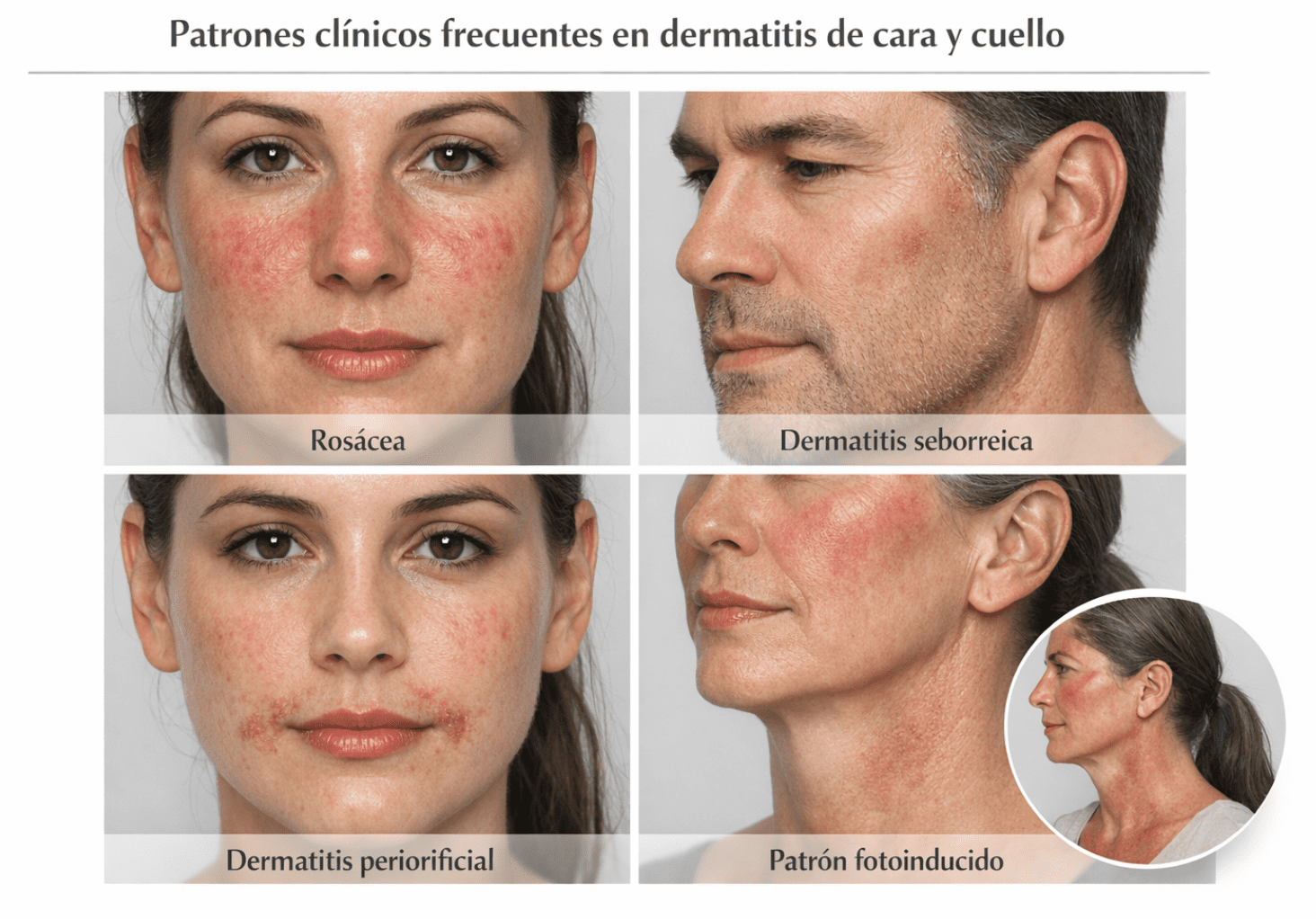 Infografía con fotos de patrones clínicos frecuentes de dermatitis en cara y cuello