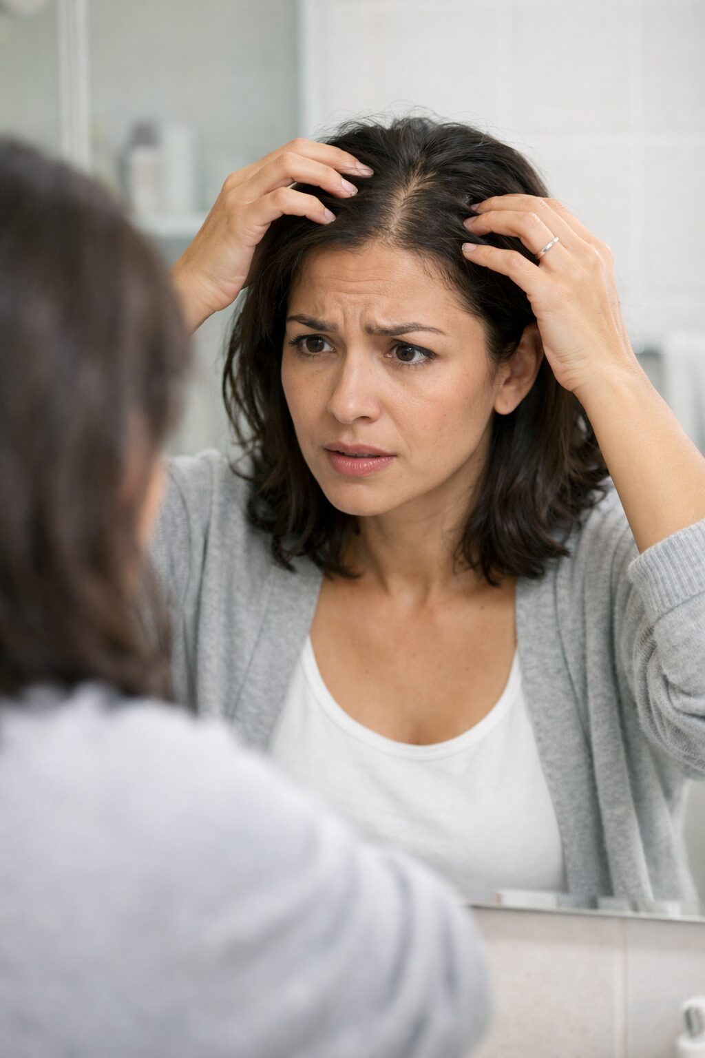 Mujer revisándose el cabello con preocupación por la caída del cabello