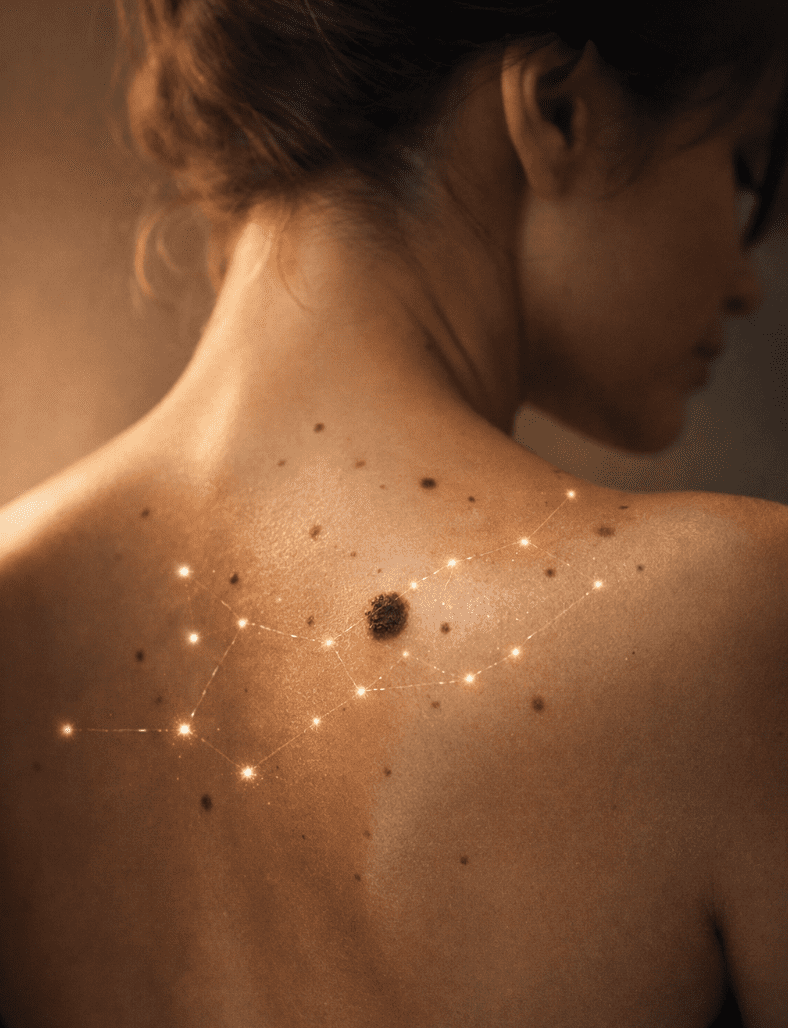 Espalda con varios lunares y lesiones pigmentadas