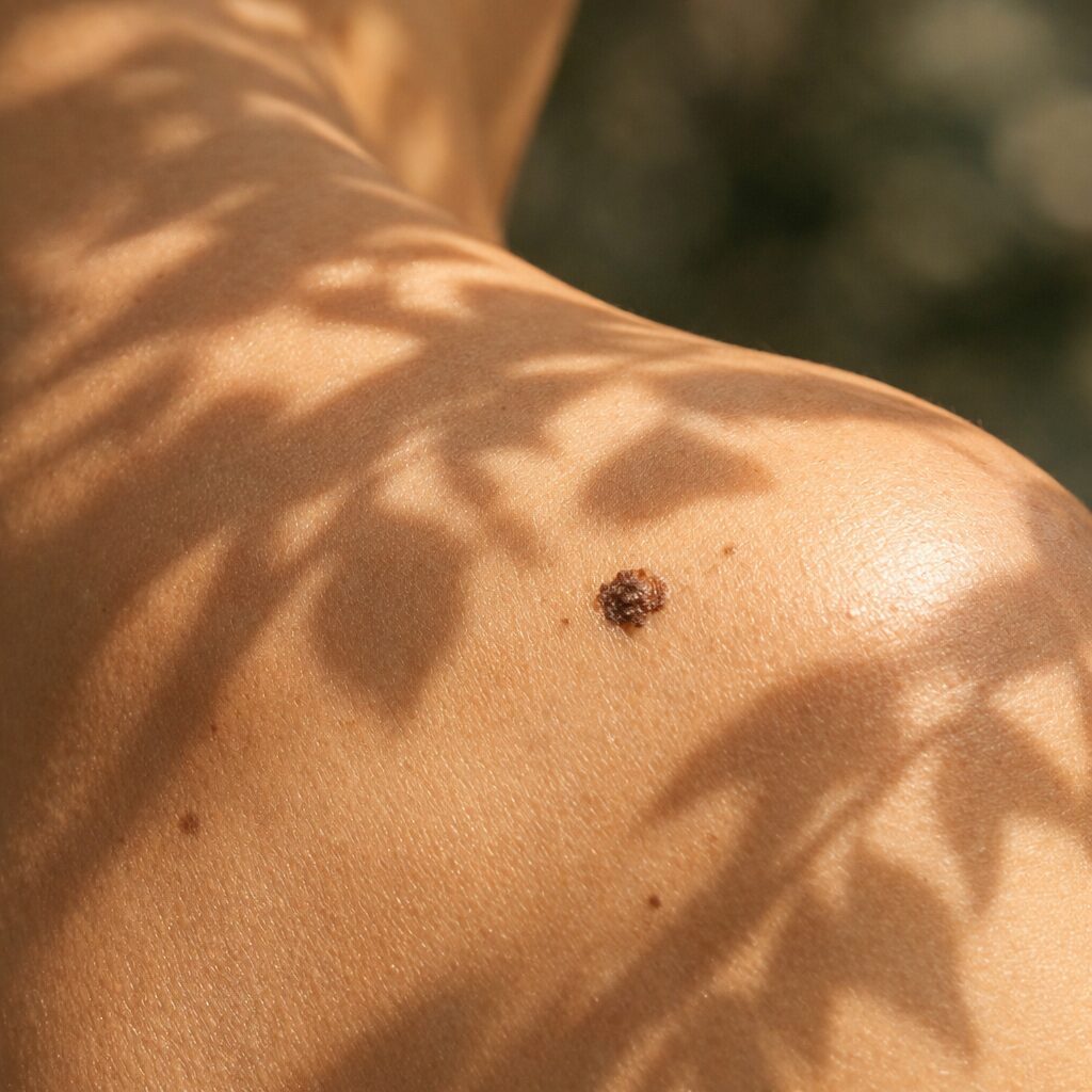Hombro con un lunar oscuro expuesto a la luz del sol