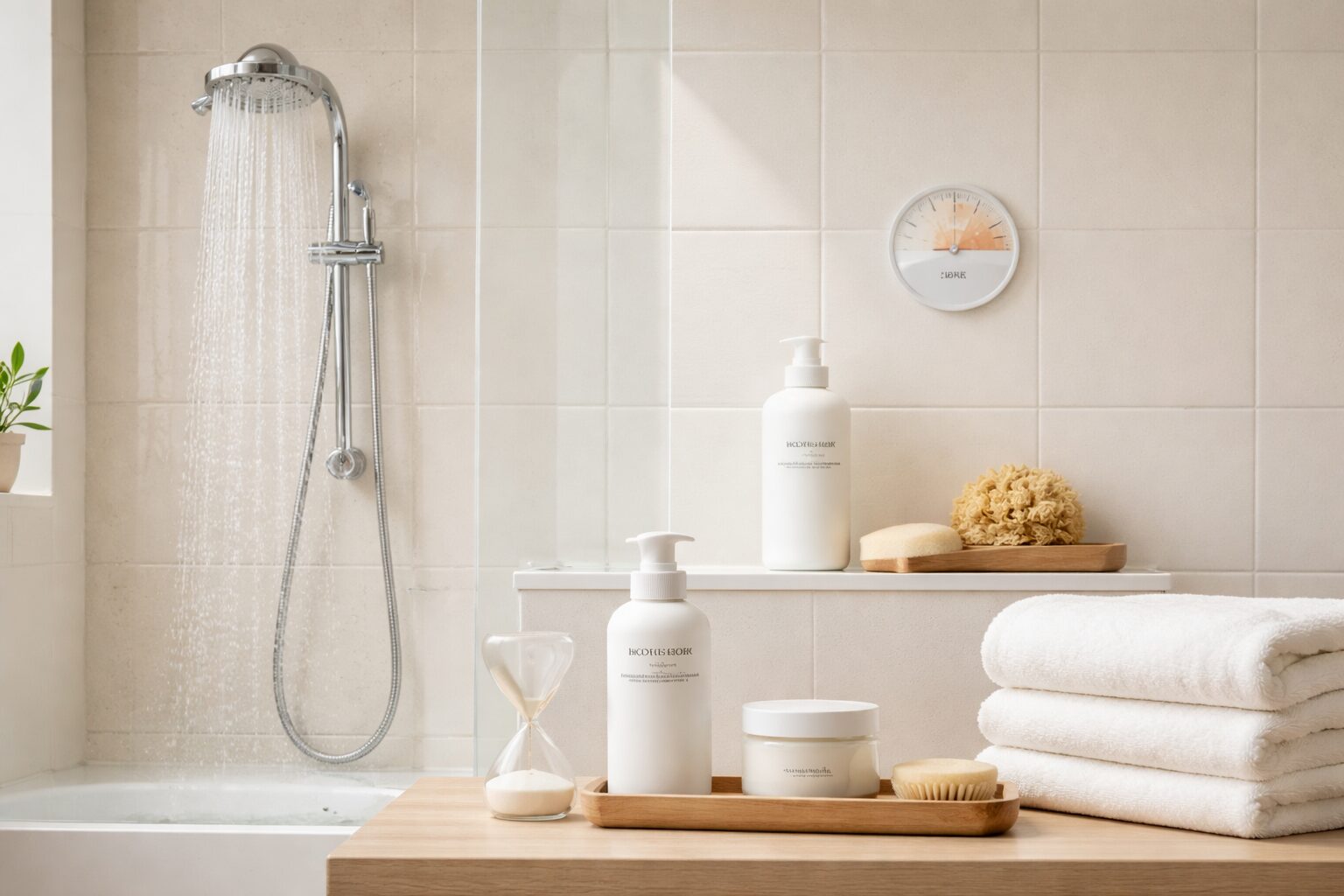 Baño con ducha, toallas y productos de higiene suaves para cuidar la piel