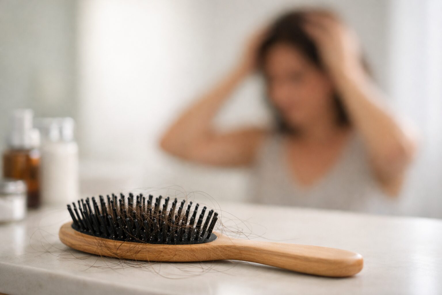 Mujer preocupada con la mano en la cabeza y un cepillo con cabello caído en primer plano