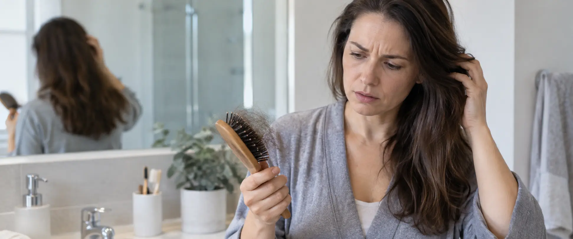 Mujer en el baño de su casa observando con preocupación el cabello acumulado en su cepillo después de cepillarse.