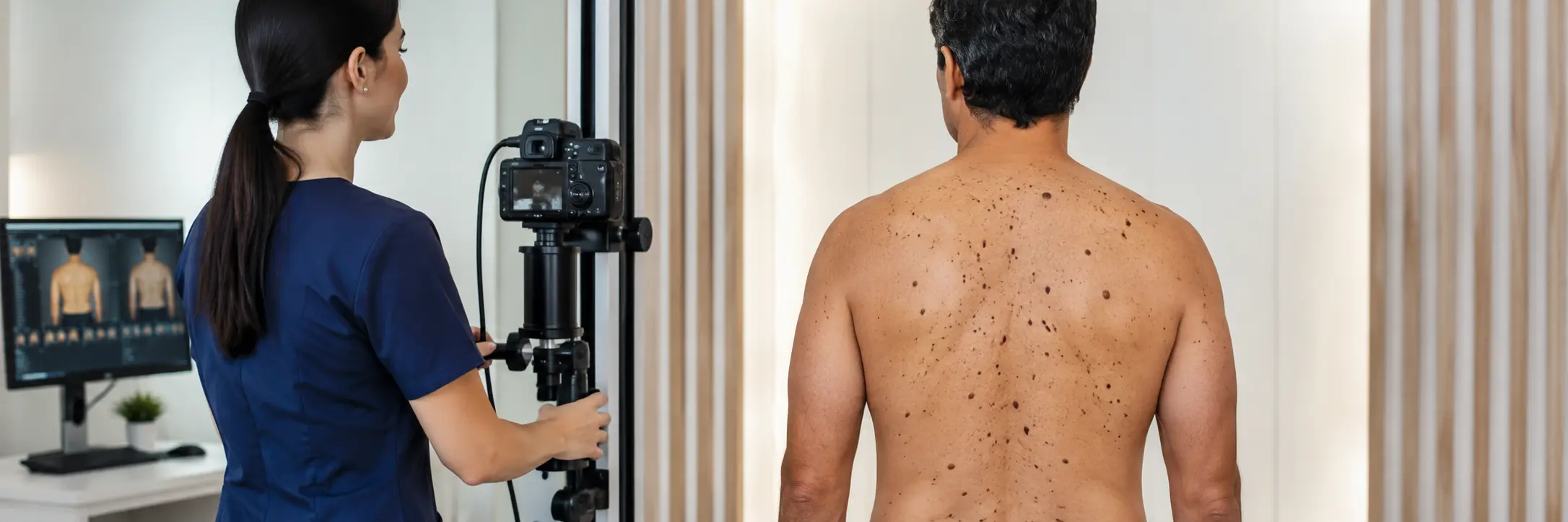 Paciente adulto con múltiples nevus displásicos en la espalda durante un mapeo corporal dermatológico con fotografía clínica.