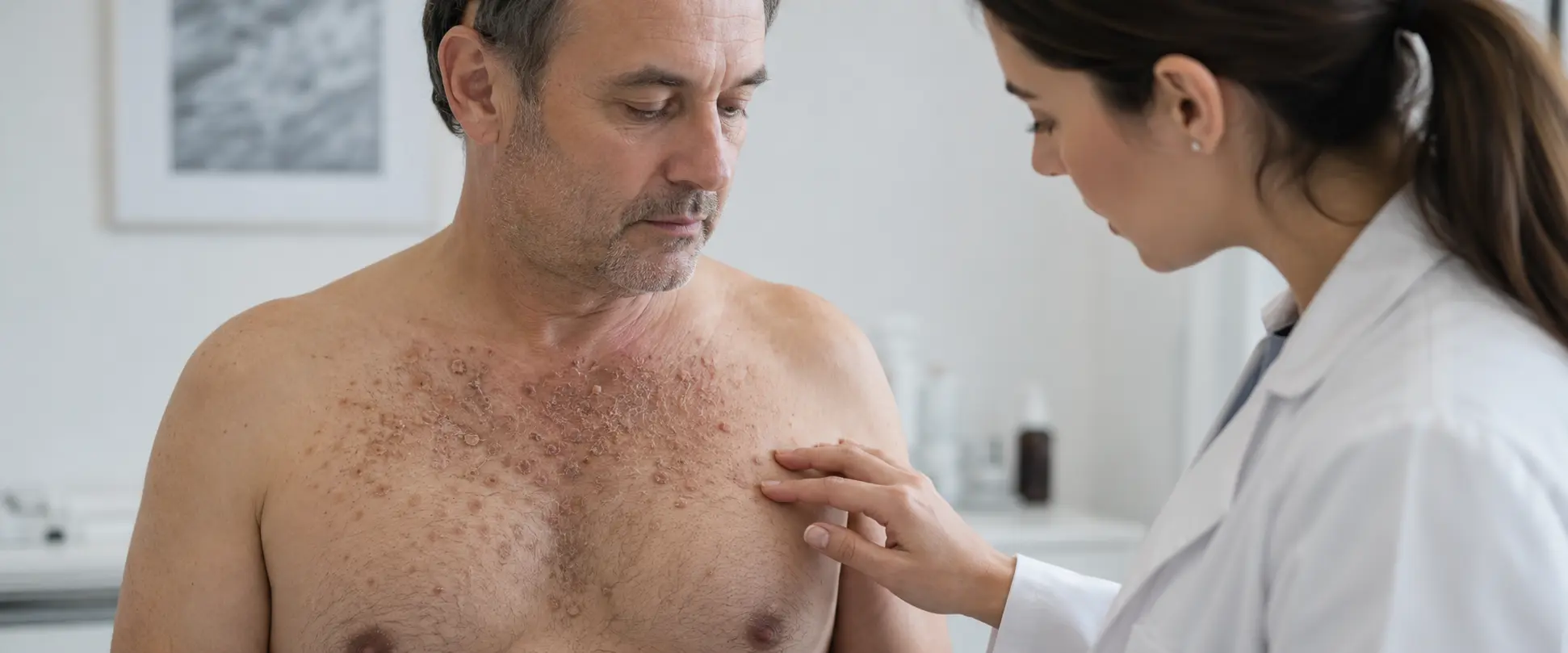 Ilustración fotorrealista de una dermatóloga examinando lesiones compatibles con la enfermedad de Darier en el pecho de un hombre de mediana edad.