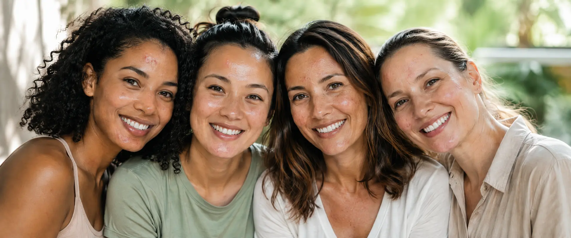 Cuatro mujeres de distintas edades y etnias sonríen juntas, con piel grasa y acné leve visible en rostro, en una imagen editorial sobre rutina de skincare.