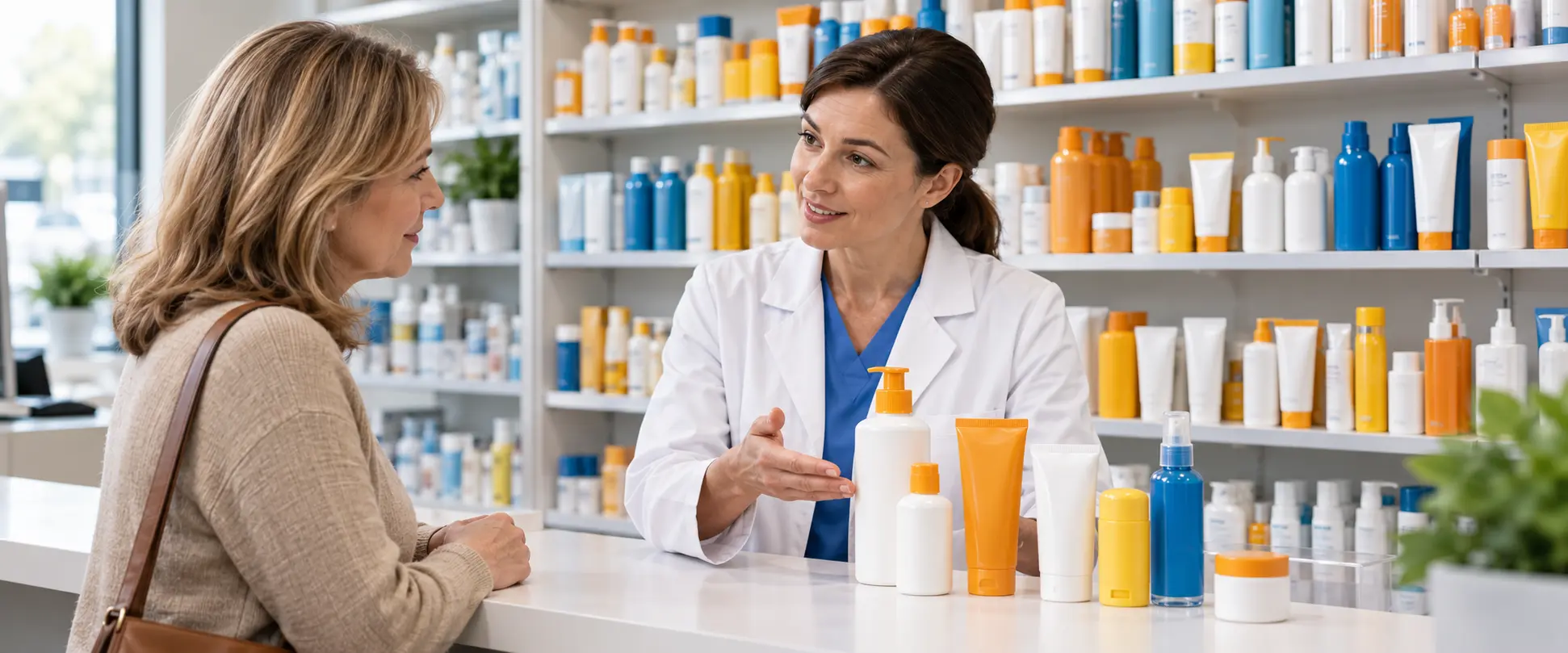 Mujer de mediana edad recibe asesoría médica en una farmacia, con protectores solares en distintas presentaciones sobre el mostrador.